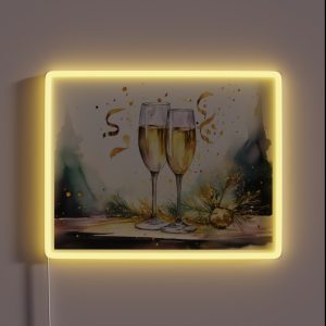 Two Glasses Of Sparkling Wine With Festive Confetti And A Golden Ornament RGB Neon Sign Two Glasses Of Sparkling Wine With Festive Confetti And A Golden Ornament RGB Neon Sign