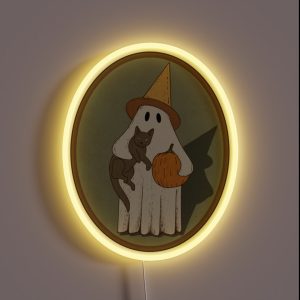 Vintage Ghost With Cat Halloween Graphic RGB Neon Sign