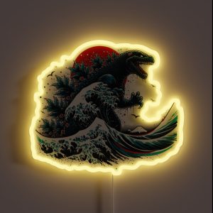 Vintage Japanese Godzilla Great Wave RGB Neon Sign