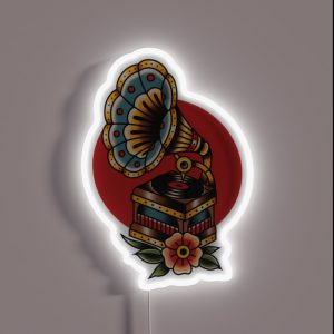 Vintage Record Player American Traditional Tattoo RGB Neon Sign