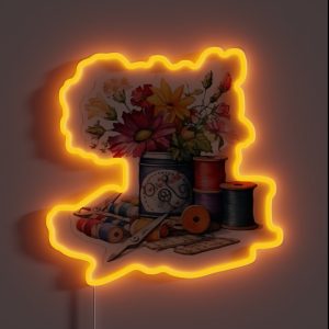 Vintage Sewing Flower And Sewing Tools RGB Neon Sign