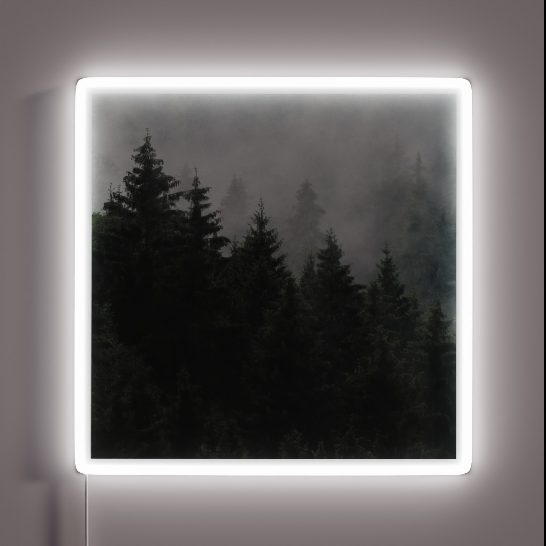 Waiting For Misty Foggy Fairytale Forest With RGB Neon Sign Waiting For Misty Foggy Fairytale Forest With RGB Neon Sign