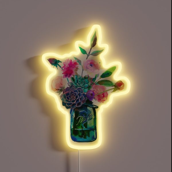 Watercolor Mason Jar Flowers RGB Neon Sign