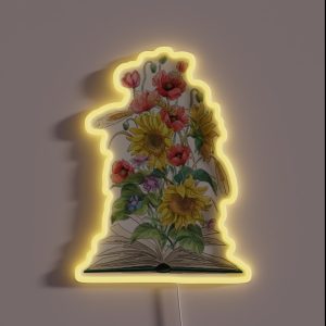 Watercolor Open Book With Sunflowers And Poppies RGB Neon Sign
