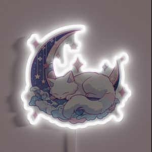White Cat Sleeping On Pink Blue Moon RGB Neon Sign White Cat Sleeping On Pink Blue Moon RGB Neon Sign