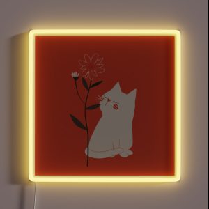 White Cat With Flower Minimalist Naive Art RGB Neon Sign