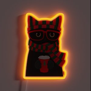 Winter Black Cat With Coffee RGB Neon Sign