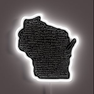 Wisconsin Handwritten Map Of State And Cities RGB Neon Sign
