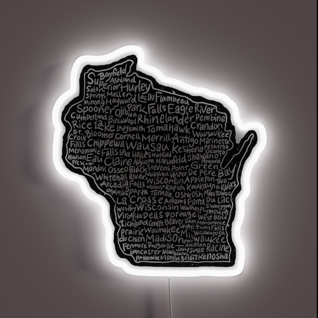 Wisconsin Handwritten Map Of State And Cities RGB Neon Sign Wisconsin Handwritten Map Of State And Cities RGB Neon Sign