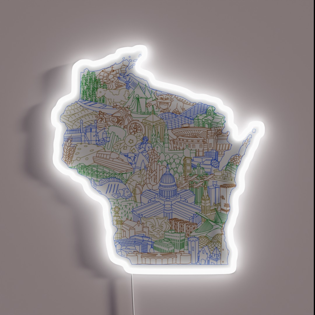 Wisconsin Landmark Collage Art Earth RGB Neon Sign Wisconsin Landmark Collage Art Earth RGB Neon Sign