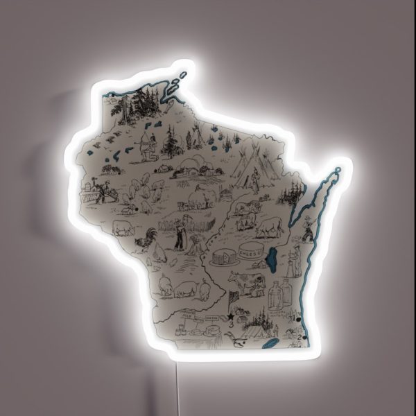Wisconsin Vintage Picture Map RGB Neon Sign