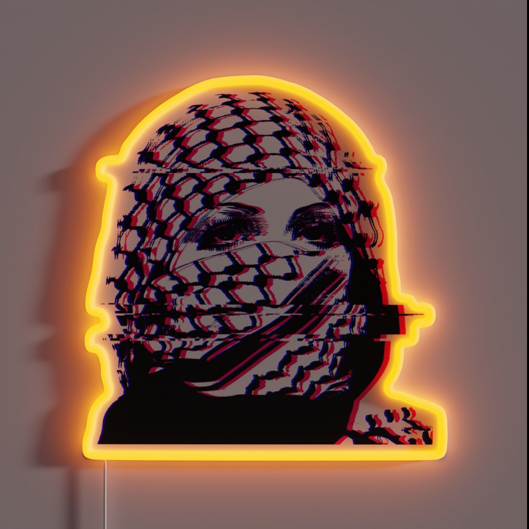 Woman In Palestinian Keffiyeh Glitch Art RGB Neon Sign Woman In Palestinian Keffiyeh Glitch Art RGB Neon Sign