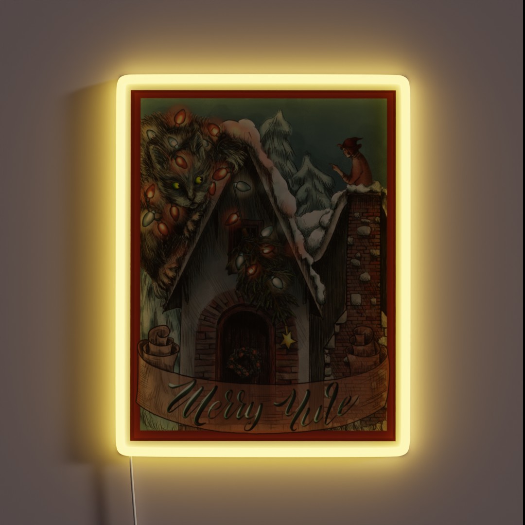 Yule Cat And A Little Witch Vintage Postcard RGB Neon Sign Yule Cat And A Little Witch Vintage Postcard RGB Neon Sign